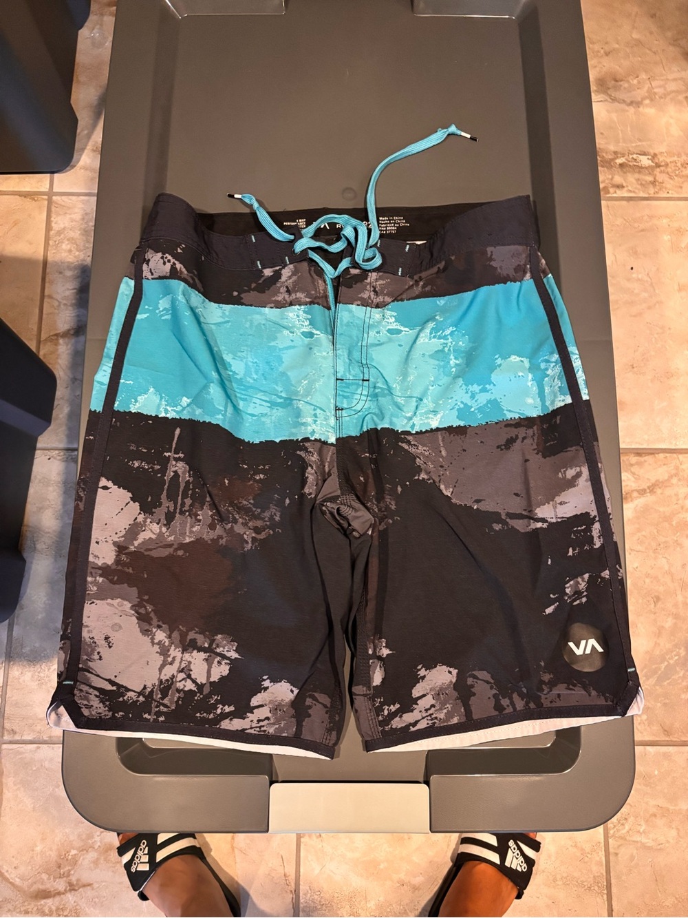 RVCA Men’s Teal, Black & Gray Graphic Stripe Swim Trunks